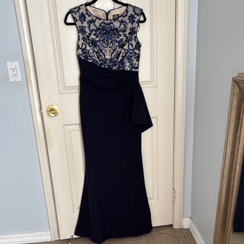 Vince Camuto Silver and Blue Ruffled Maxi Dress